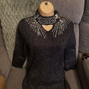 Elegant Black V-Neck Sweater with Embellishments